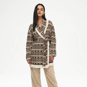 Cider Ski Trip Heart Fair Isle Printed Belted Fringe Cardigan Medium